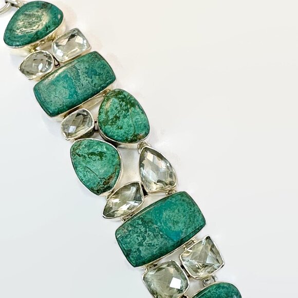 Chrysocolla Bracelet, Prasiolite, Green Amethyst, Sterling Silver, Wide,Vintage - Picture 4 of 6
